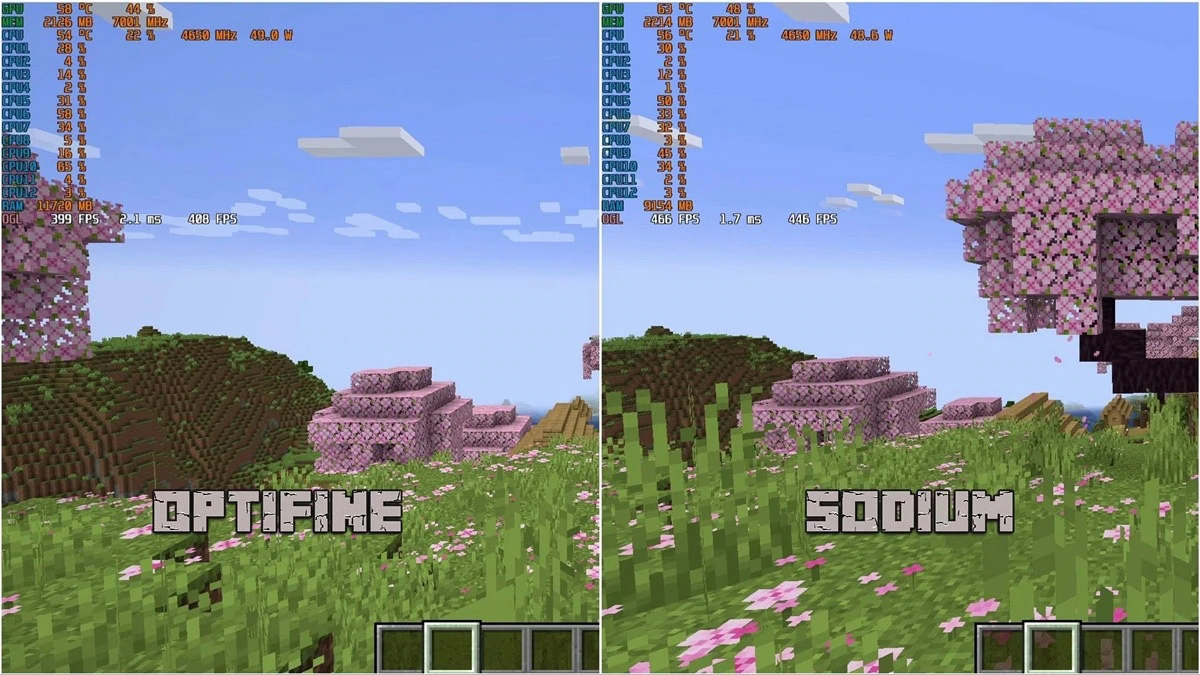 Sodium VS Optifine realtime difference